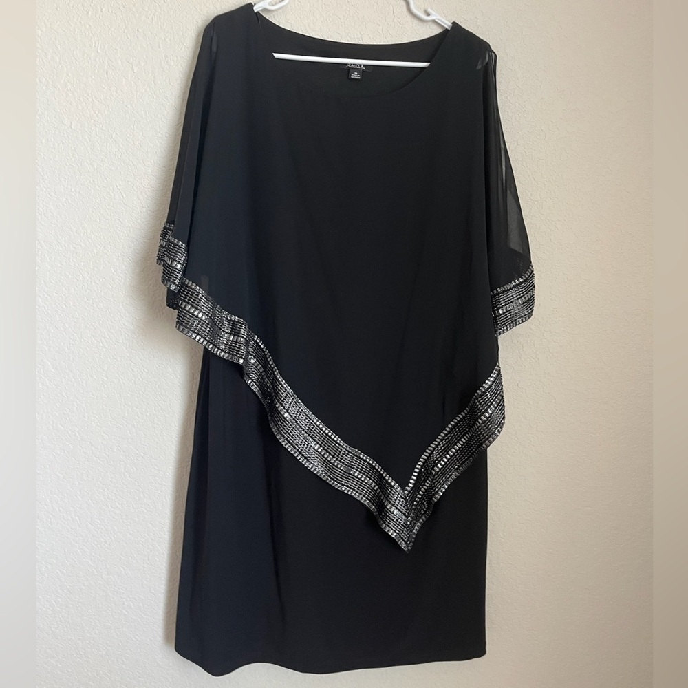 SLNY Black Asymmetrical Dress with Silver Trim